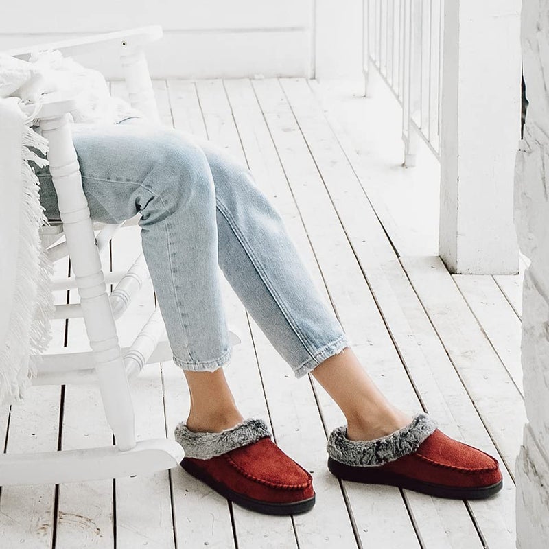 ULTRAIDEAS Women's Memory Foam House Slippers with Hard Bottom, Fur Lined House Shoes with Non-Slip Rubber Sole for Indoor & Outdoor (Moc Red, 9-10) - Image 4